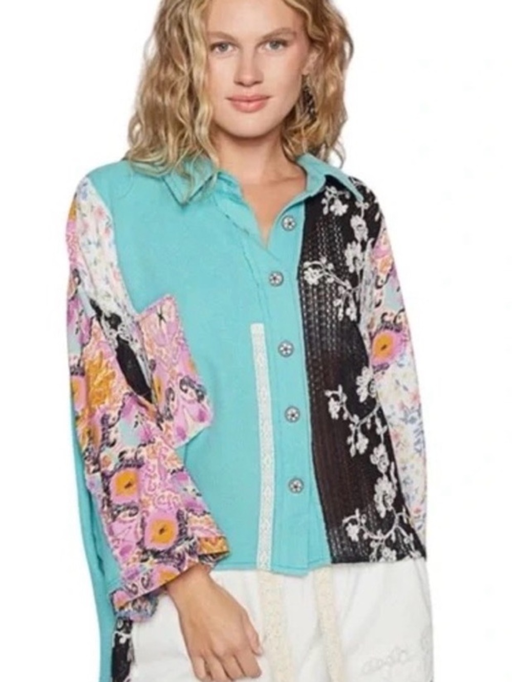 POL Aqua Patchwork Button-Down Blouse with Floral Panels